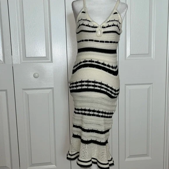 SHEIN Cream and Black Striped Crochet Midi Dress - Picture 3 of 15